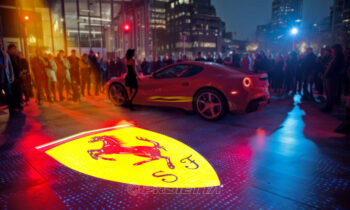 Projections au sol de logos et d'éléments graphiques décoratifs