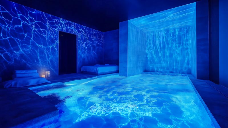 Projection effet d'eau en intérieur pour centres de bien-être.