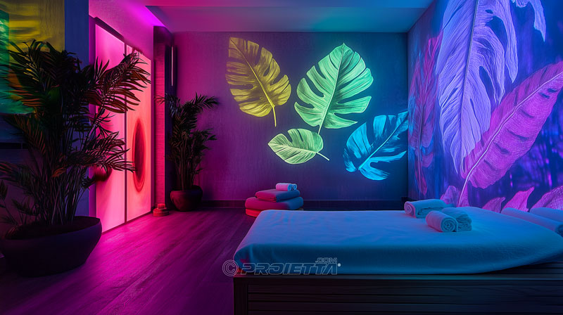 Projection de graphismes en intérieur pour centres de bien-être.